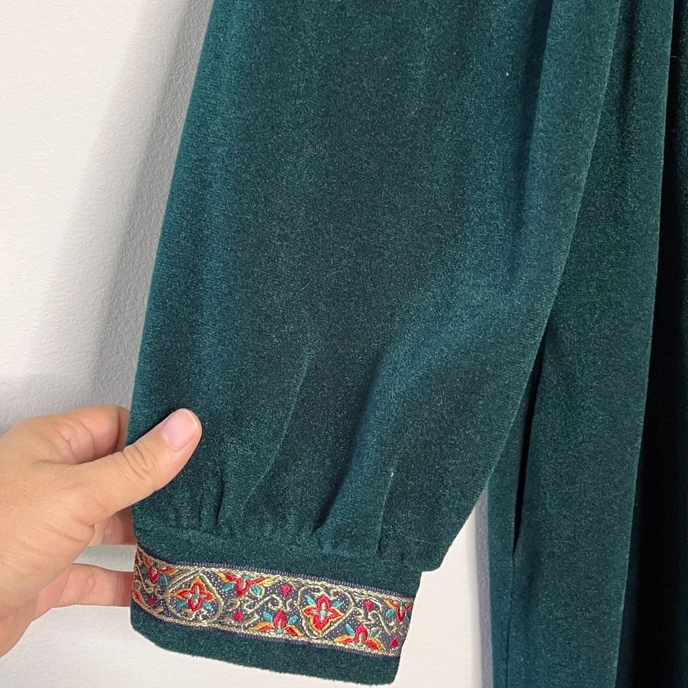 Vintage Vanity Fair Maxi Nightgown Size PL Green Velour Embroidered‎ House Dress